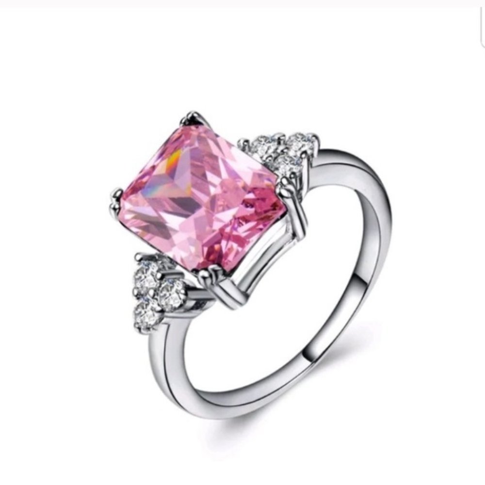 silver ring women princess cut pink sapphire